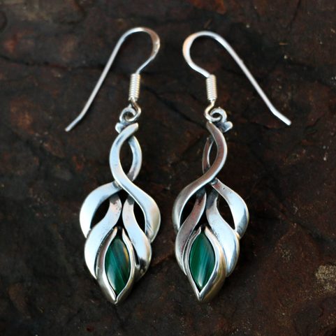 ELVISH EARRINGS, MALACHITE, STERLING SILVER