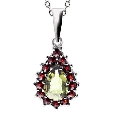 RONIA, PENDANT, CZECH MOLDAVITE, GARNET, SILVER 925