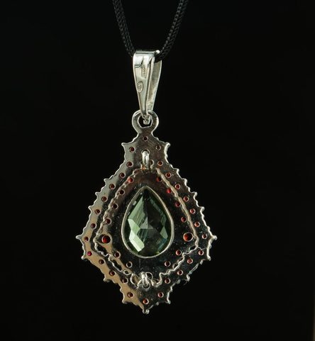 MOLDAU, MOLDAVITE, GARNET, SILVER PENDANT