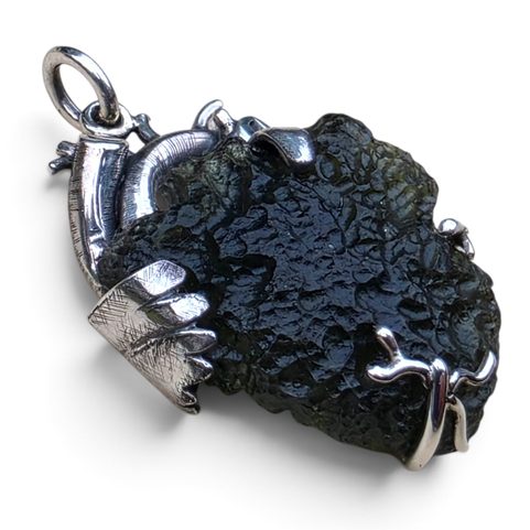 STERLING SILVER PENDANT WITH NATURAL MOLDAVITE, 925 SILVER