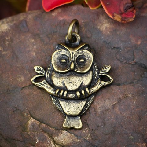 OWL ON BRANCH, AMULET, ZINC ANT. BRASS
