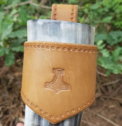 THOR'S HAMMER, LEATHER DRINKING HORN HOLDER, BROWN