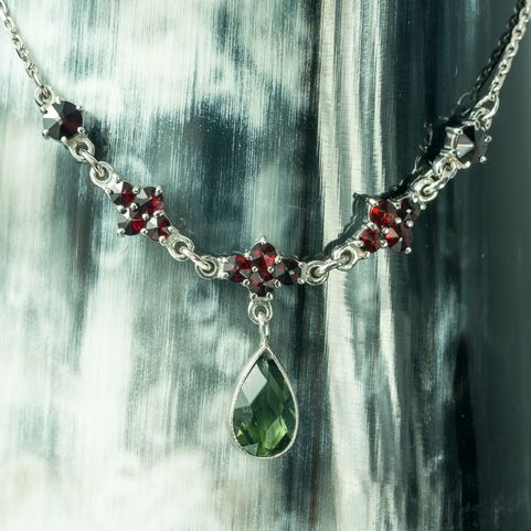 ROSALIA, CZECH MOLDAVITE, GARNET, SILVER NECKLACE