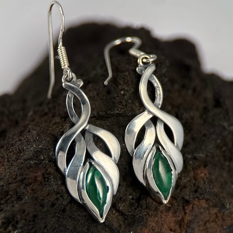 ELVISH EARRINGS, MALACHITE, STERLING SILVER