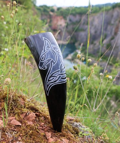 CELTIC WOLF, CARVED DRINKING HORN
