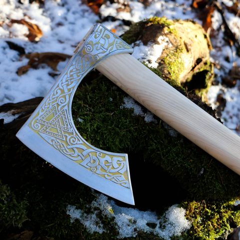 VALKNUT ETCHED VIKING AXE  - GOLD PLATED