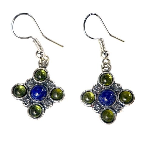 PRAGA, MEDIEVAL SILVER EARRINGS, PERIDOT AND LAPIS LAZULI, AG 925/1000