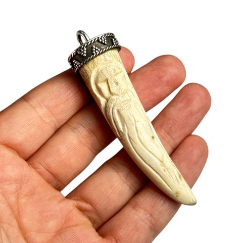 DAZBOG, CARVED SLAVIC AMULET, DEER ANTLER AND SILVER 925