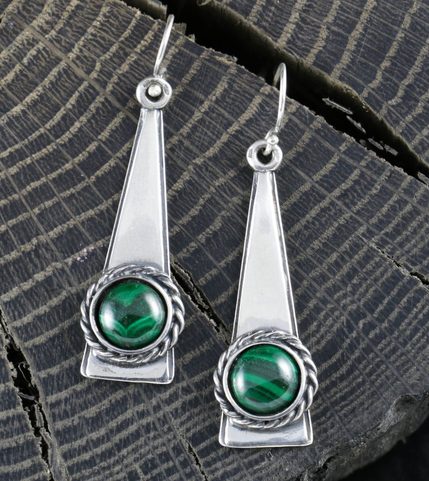 TRIANGLE - BOUCLES D'OREILLES EN ARGENT AVEC MALACHITE, AG 925