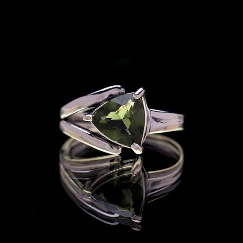 MOLDAVITE RING, TRILLION CUT, STERLING SILVER