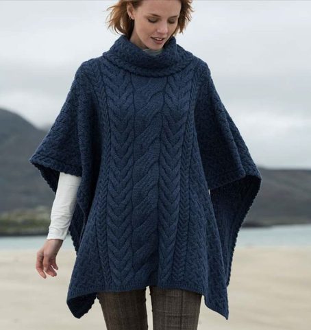 COWL NECK PONCHO, MERINO WOOL, BLUE