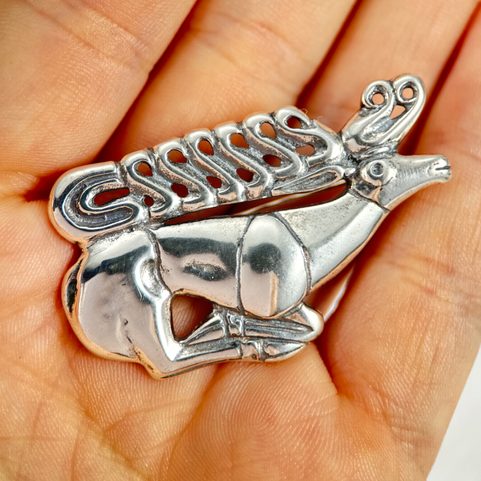 SCYTHIAN STAG BROOCH, STERLING SILVER