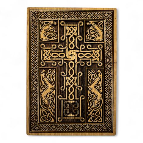 CELTIC CROSS WITH DOG MOTIFS, WOODEN WALL PICTURE 21X30CM, KNITTED FRAME