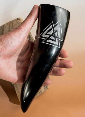 VALKNUT, CARVED DRINKING HORN
