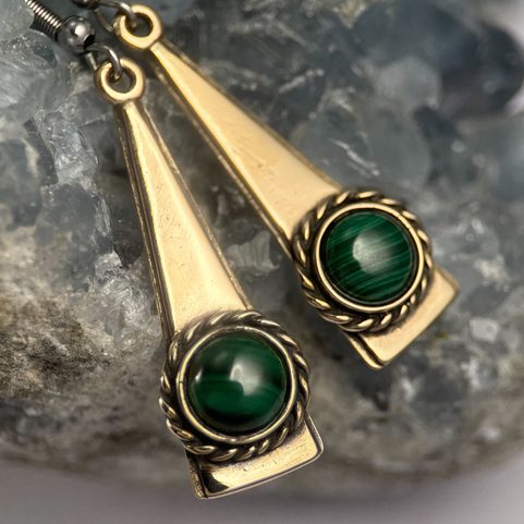 TRIANGLE, OHRRINGE, BRONZE, MALACHIT