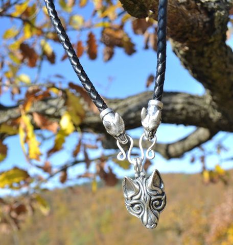 FENRIR VIKING WOLF, NECKLACE, STERLING SILVER 925, 34 G., LEATHER