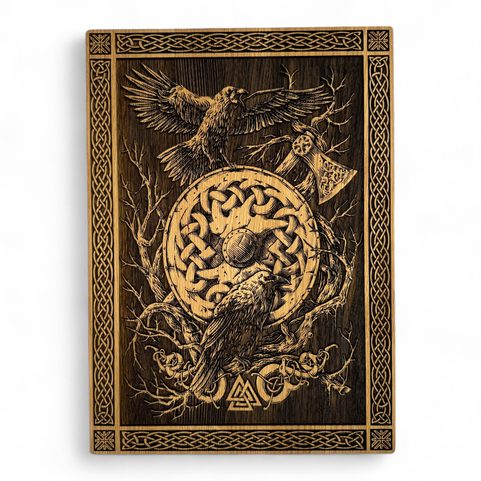 HUNINN ET MUNINN, DÉCORATION MURALE, BOIS 32X46CM