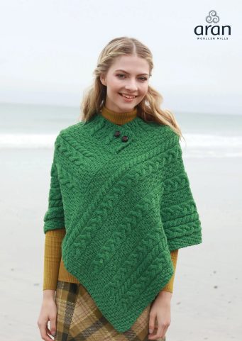 ARAN PONCHO, MERINO WOOL, GREEN