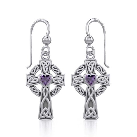 CELTIC CROSS SILVER EARRINGS WITH HEART GEMSTONE