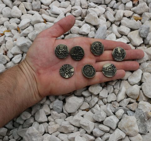 7 DAYS OF PLEASURE EROTIC COINS SET AND POUCH - POMPEII, ANTIQUE BRASS