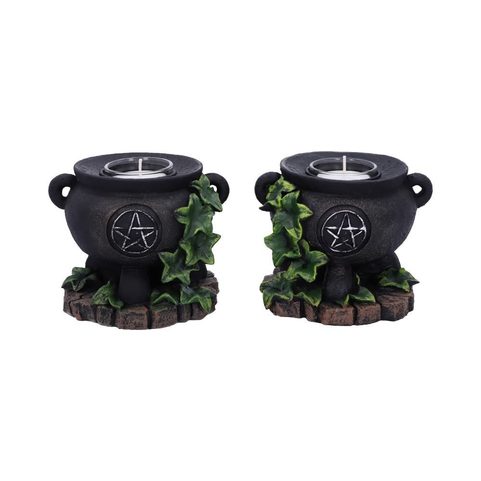 LOT DE DEUX BOUGEOIRS SORCIÈRES EN FORME DE CHAUDRON EN LIERRE 11CM