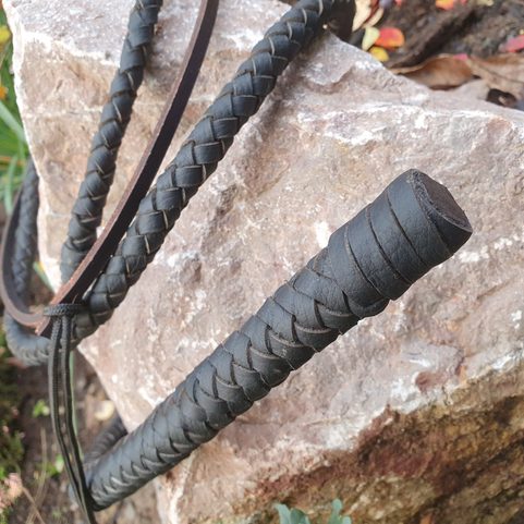 BRAIDED LEATHER COW WHIP, BLACK