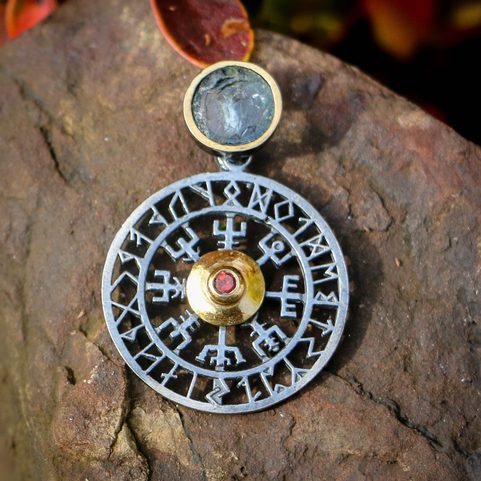 VEGVISIR - KOMPASS, ISLÄNDISCHE RUNE, ANHÄNGER, SILBER 925, AQUAMARIN