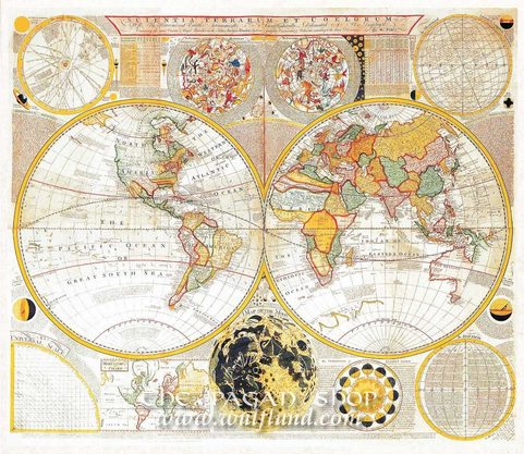 THE WORLD AND MOON PHASES, HISTORICAL MAP, REPLICA