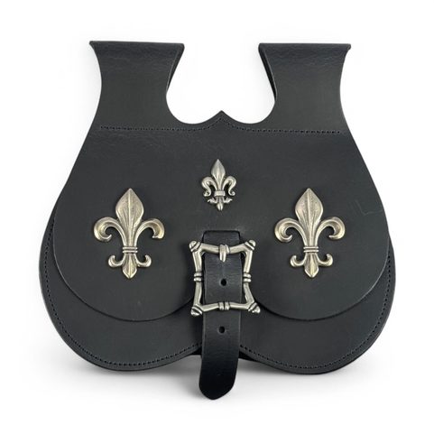 SACOCHE MÉDIÉVALE EN CUIR, FLEUR DE LIS, NOIR