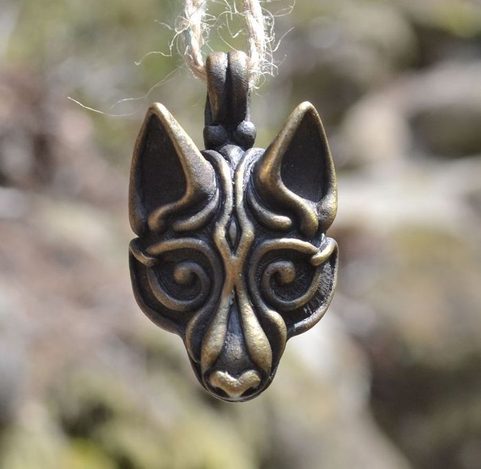 VIKING WOLF HEAD, TIN PENDANT BY WULFLUND, BRASS PLATED