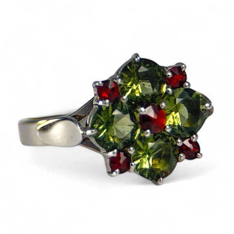 LIDIA, RING, CZECH MOLDAVITE, GARNET, STERLING SILVER