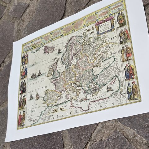 HISTORISCHE KARTE EUROPA RECENS DESCRIPTA, GUILIELMO BLAEUW, HANDGESCHÖPFTES PAPIER