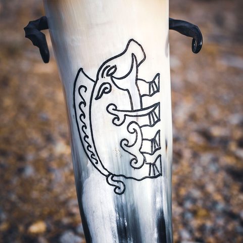 CELTIC BOAR, CARVED DRINKING HORN