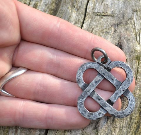 TWO HEARTS, FORGED CELTIC KNOTTED PENDANT, STEEL