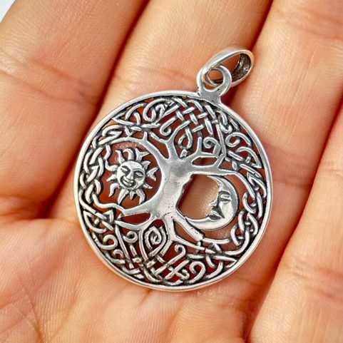 SUN AND MOON IN LIVING TREE, SILVER PENDANT