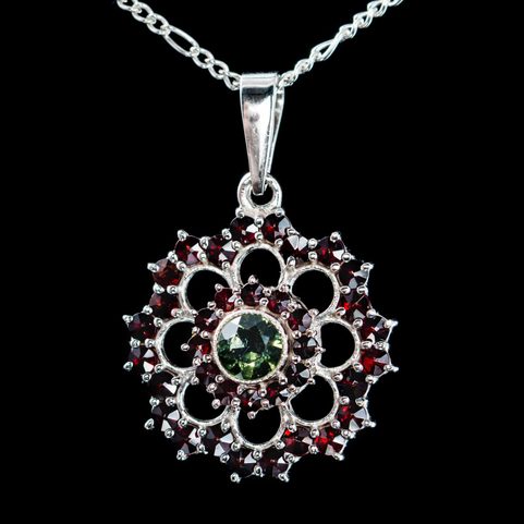 ROSETA, MOLDAVITE, GARNET, SILVER PENDANT