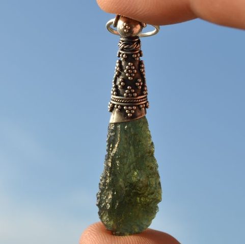 MOLDAVITE, NECKLACE WITH FILIGREE AND GRANULATION, PENDANT, SILVER 925 I