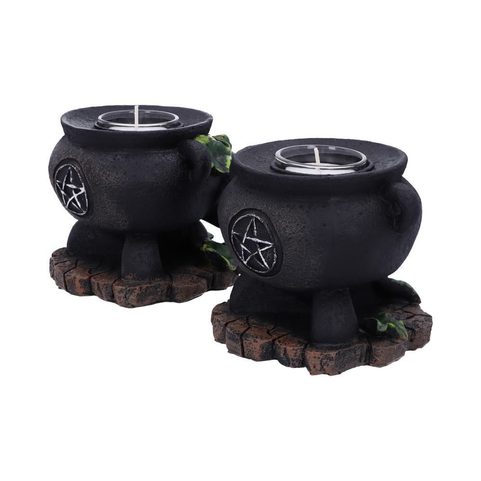 LOT DE DEUX BOUGEOIRS SORCIÈRES EN FORME DE CHAUDRON EN LIERRE 11CM