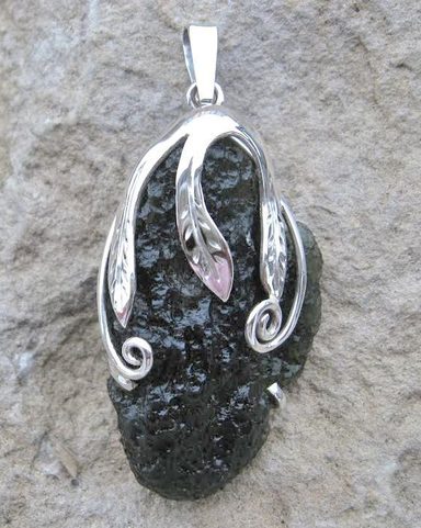 RHEA, RAW MOLDAVITE PENDANT, STERLING SILVER