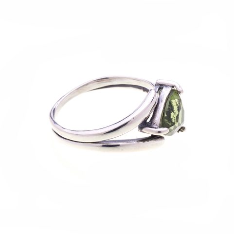 MOLDAVITE RING, TRILLION CUT, STERLING SILVER