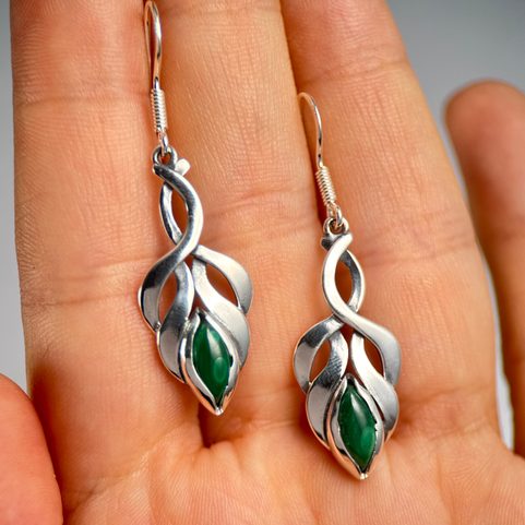 ELVISH EARRINGS, MALACHITE, STERLING SILVER