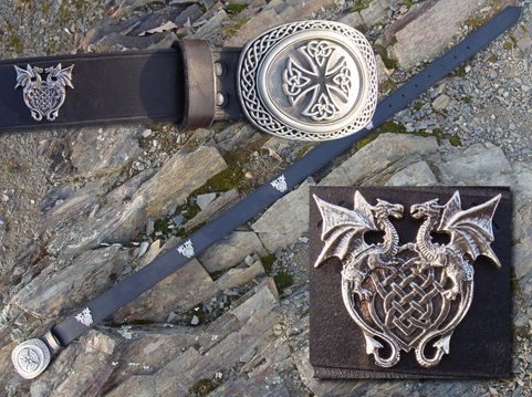 CELTIC CROSS BUCKLE AND DRAGONS, LEATHER BELT