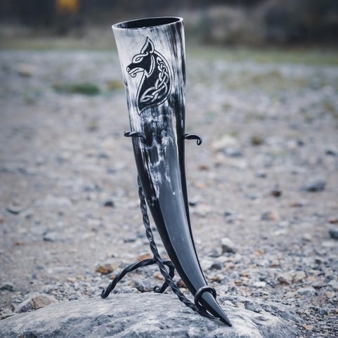 CELTIC WOLF, CARVED DRINKING HORN