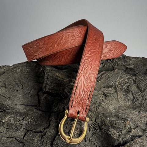 QUERCUS, LEATHER BELT WITH OAK LEAVES, BRAUN, BRONZE