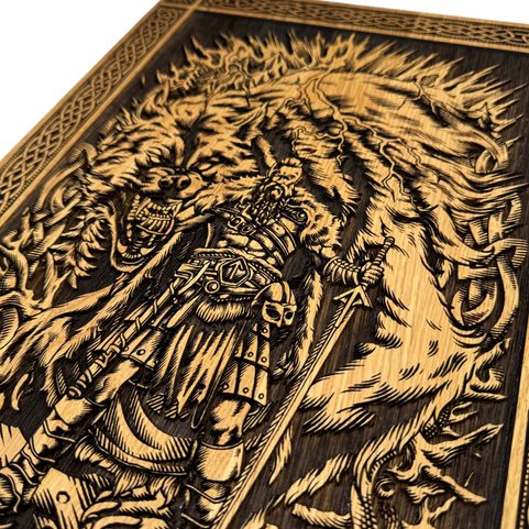 FENRIR AND TÝR, WALL DECORATION, WOOD 32X46CM