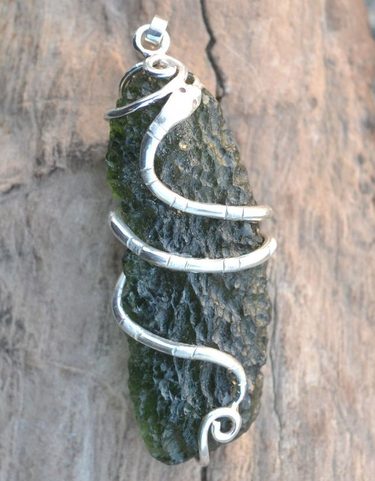 SNAKE, CZECH MOLDAVITE STERLING SILVER PENDANT