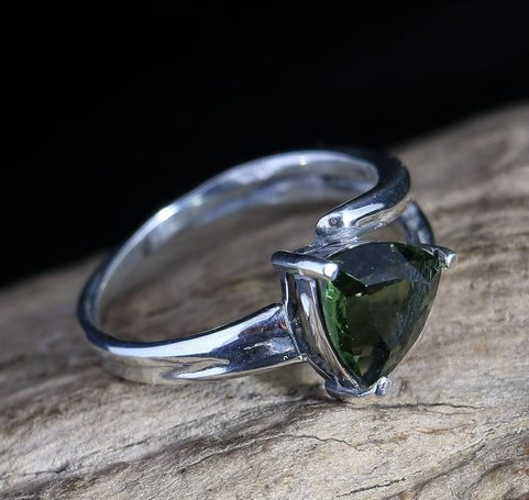 MOLDAVITE RING, TRILLION CUT, STERLING SILVER