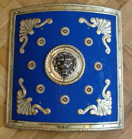 GLADIATOR SHIELD, BRASS DECORATIONS, BLUE
