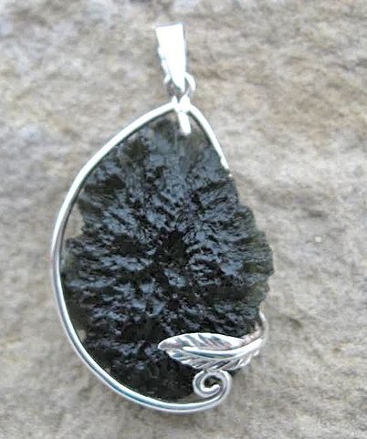 JURA, RAW MOLDAVITE PENDANT, STERLING SILVER