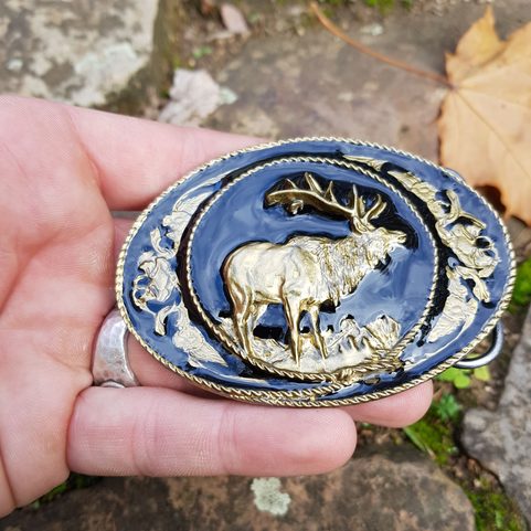 DEER, BLACK AND GOLD, BELT BUCKLE